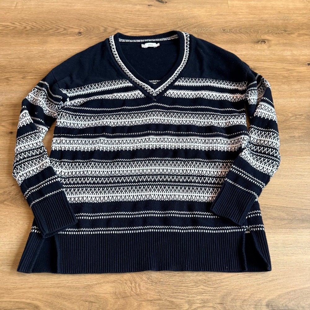 Vince Fair Isle Stripe VNeck Knit Sweater Black White Nautical Oversized Size XS